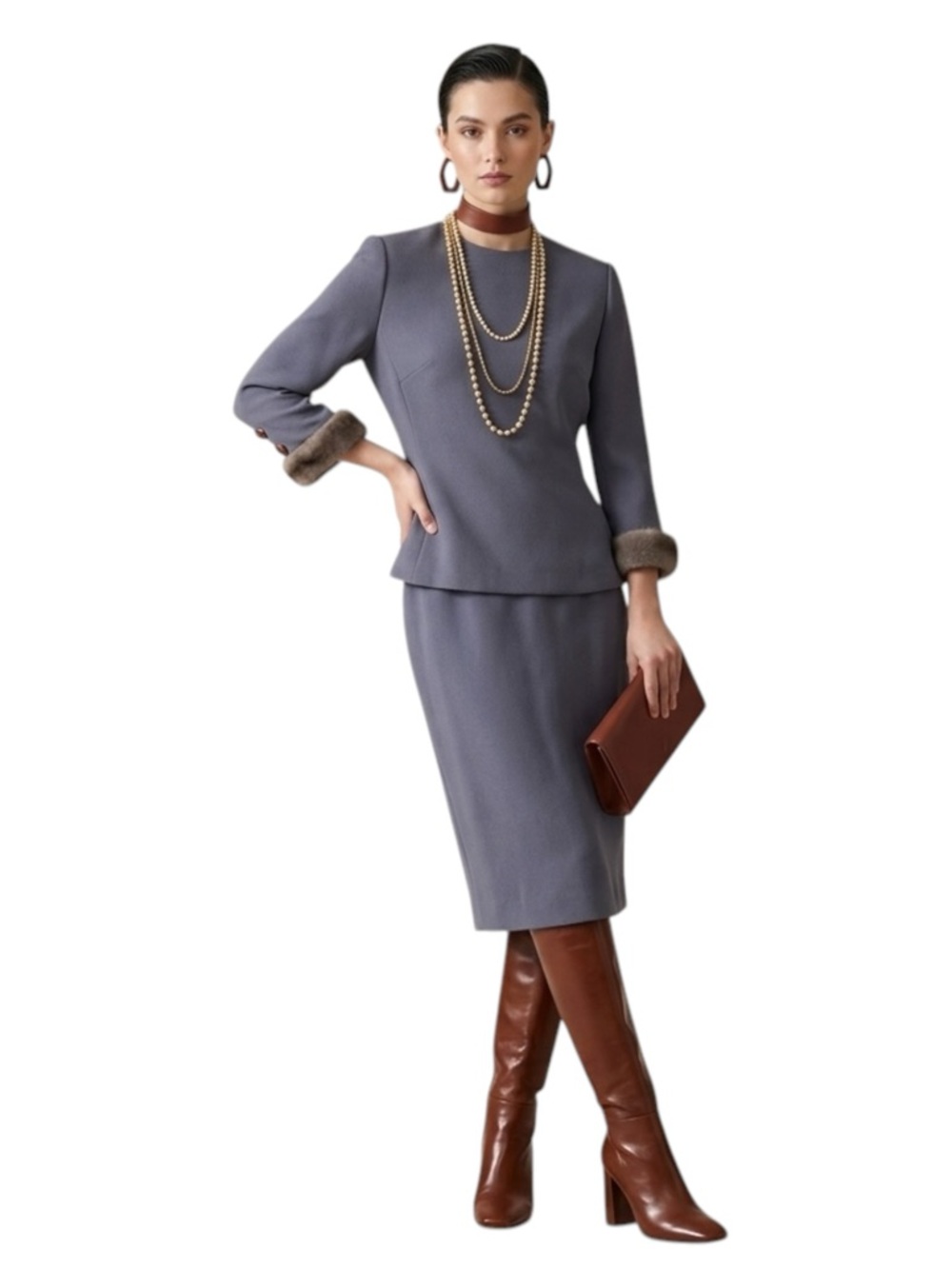 Chetta B Vintage 90's Genuine Mink Trimmed Two Piece Blue Gray Skirt Suit Size 4
